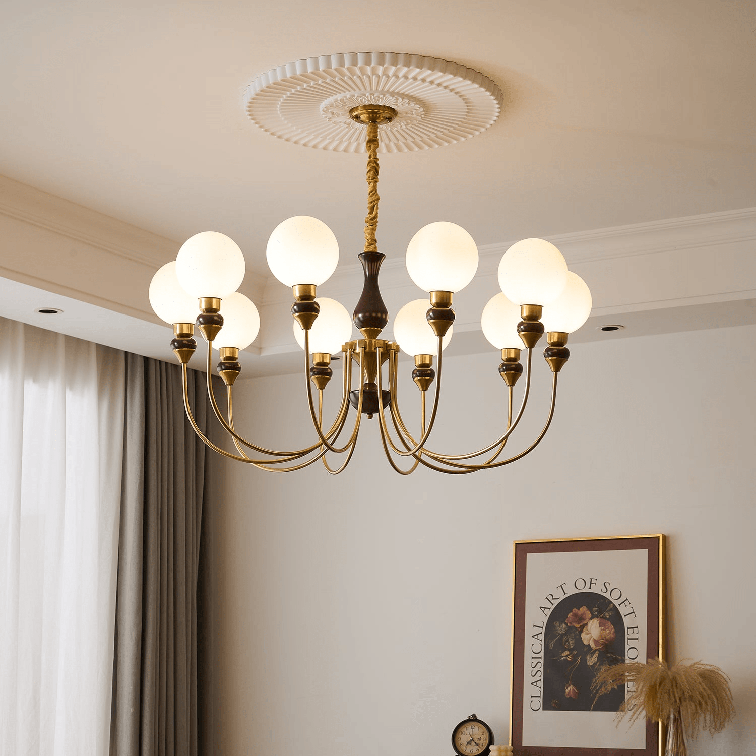 Lustra Chandelier Brass Arms Frosted Glass Globes-Neutral Decor