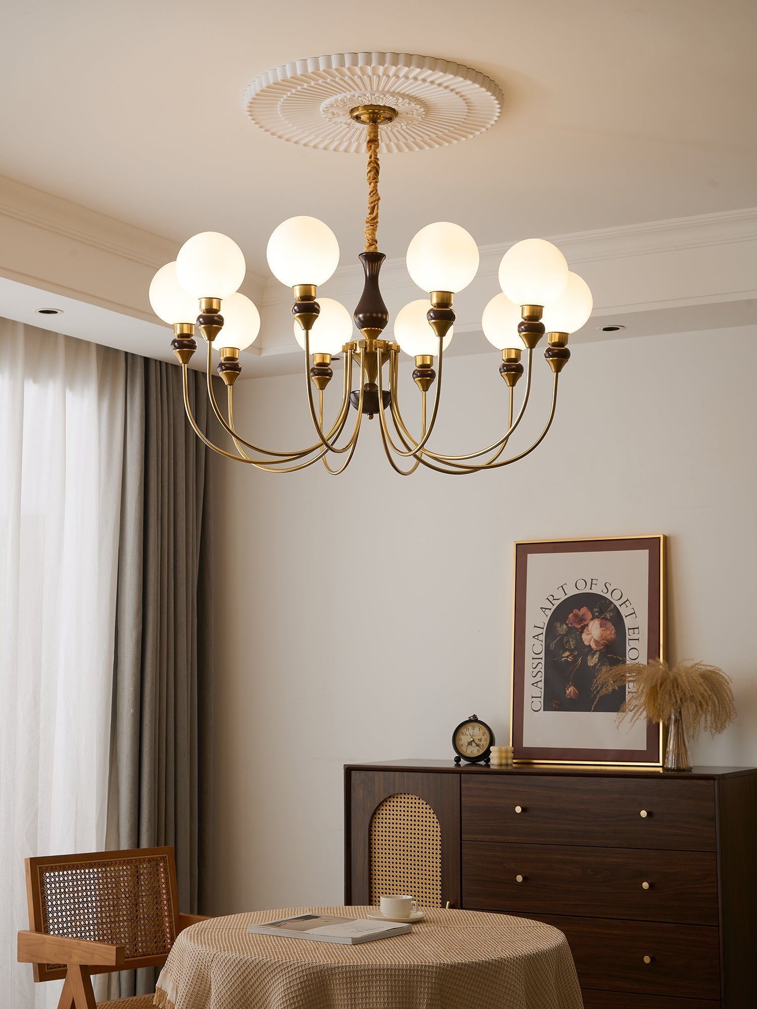 Lustra Chandelier Brass Arms Frosted Glass Globes-Neutral Decor