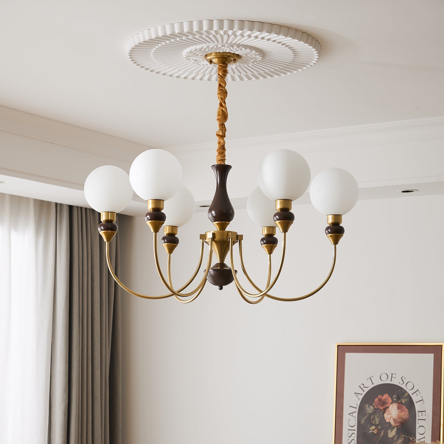 Lustra Chandelier Brass Arms Frosted Glass Globes-Neutral Decor