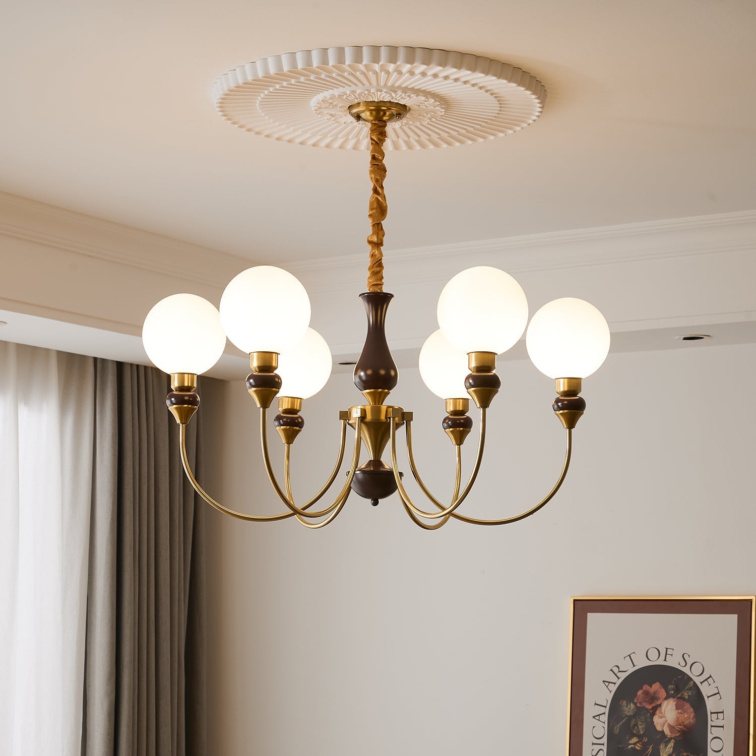 Lustra Chandelier Brass Arms Frosted Glass Globes-Neutral Decor
