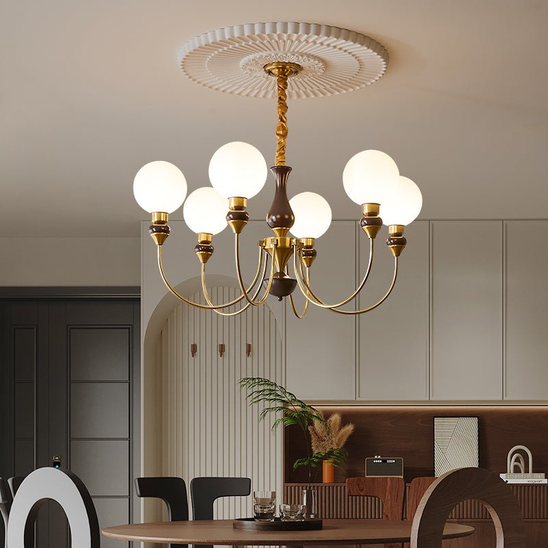 Lustra Chandelier Brass Arms Frosted Glass Globes-Neutral Decor