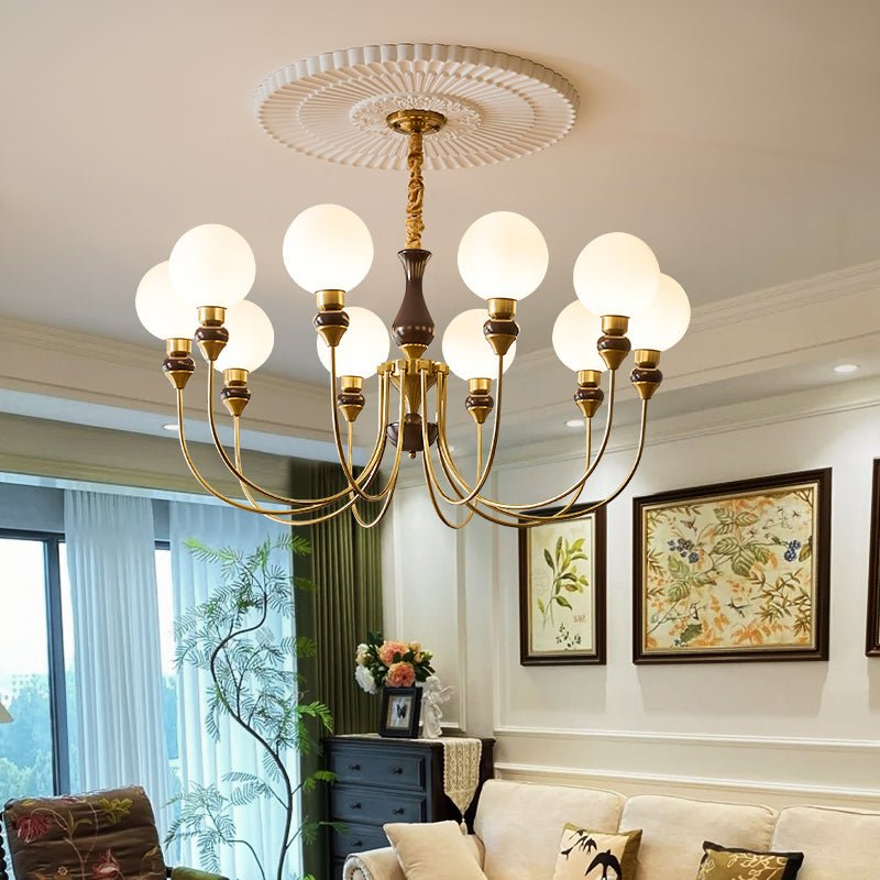 Lustra Chandelier Brass Arms Frosted Glass Globes-Neutral Decor