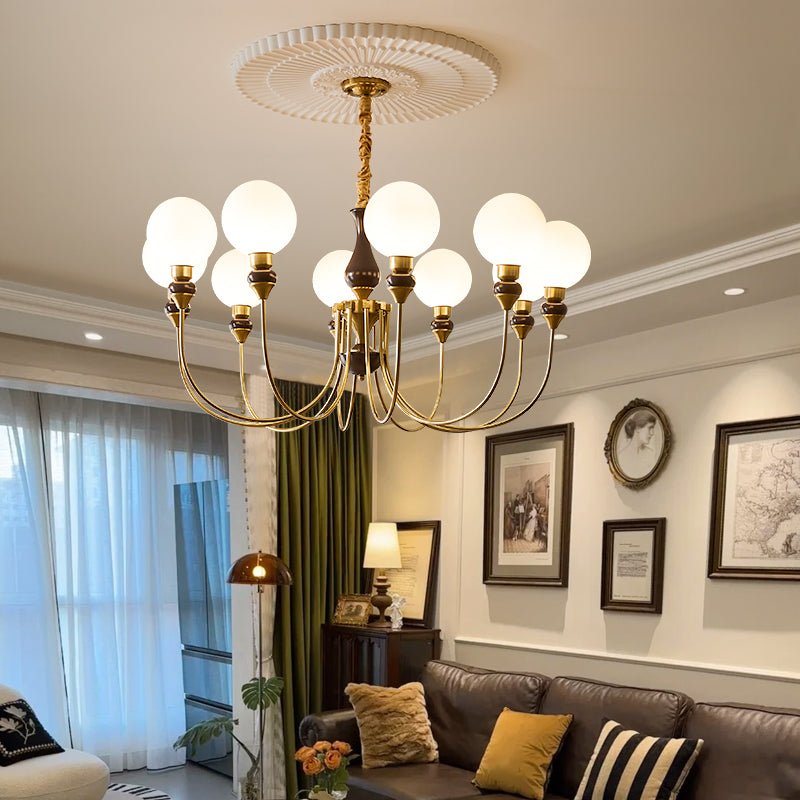 Lustra Chandelier Brass Arms Frosted Glass Globes-Neutral Decor