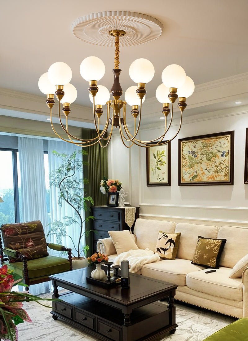 Lustra Chandelier Brass Arms Frosted Glass Globes-Neutral Decor