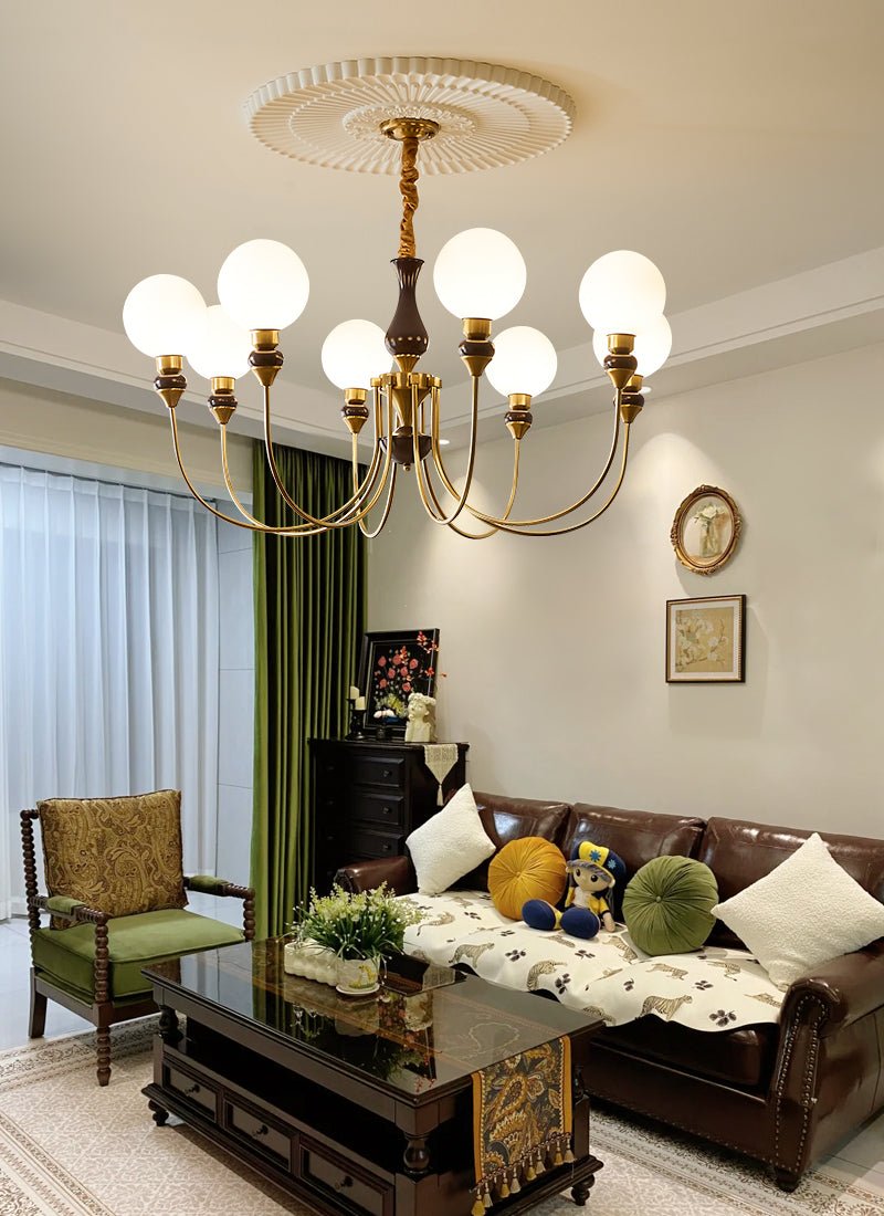 Lustra Chandelier Brass Arms Frosted Glass Globes-Neutral Decor