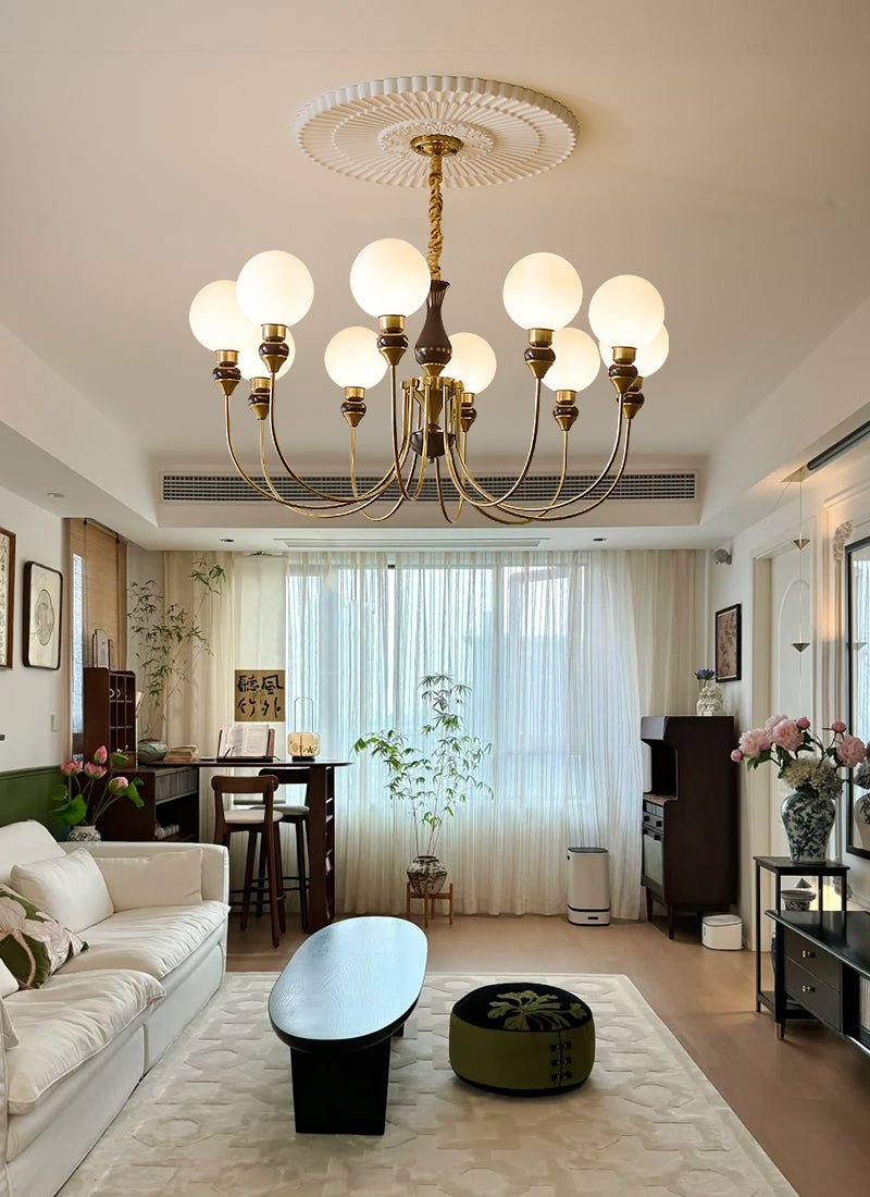 Lustra Chandelier Brass Arms Frosted Glass Globes-Neutral Decor