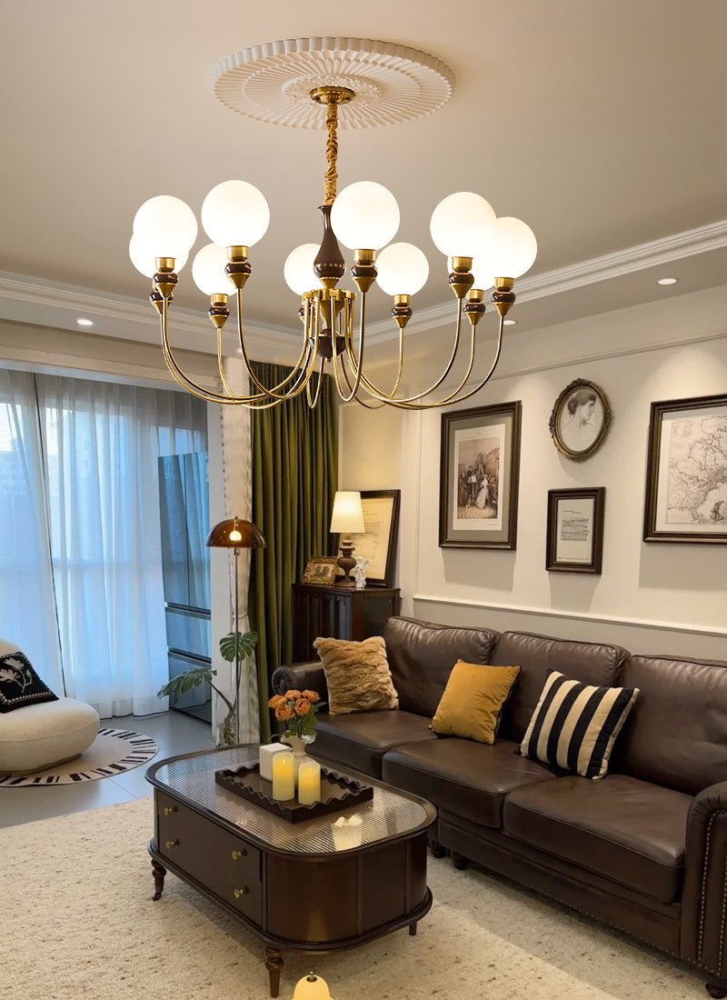 Lustra Chandelier Brass Arms Frosted Glass Globes-Neutral Decor