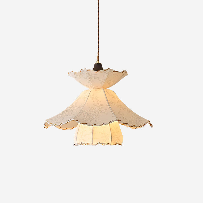 Pendant Lamp Scalloped Layered Fabric Shade Wood Minimalist