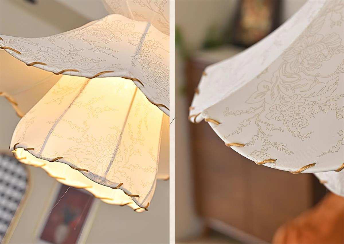 Pendant Lamp Scalloped Layered Fabric Shade Wood Minimalist