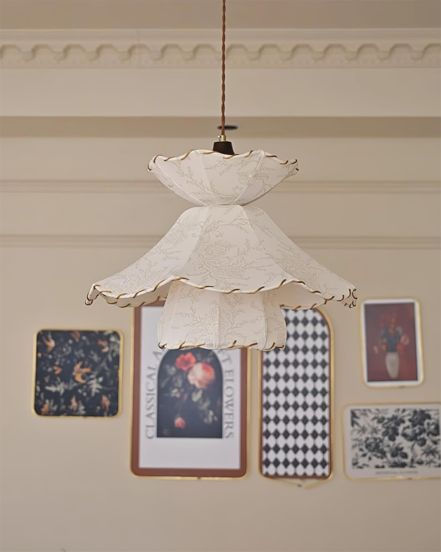Pendant Lamp Scalloped Layered Fabric Shade Wood Minimalist