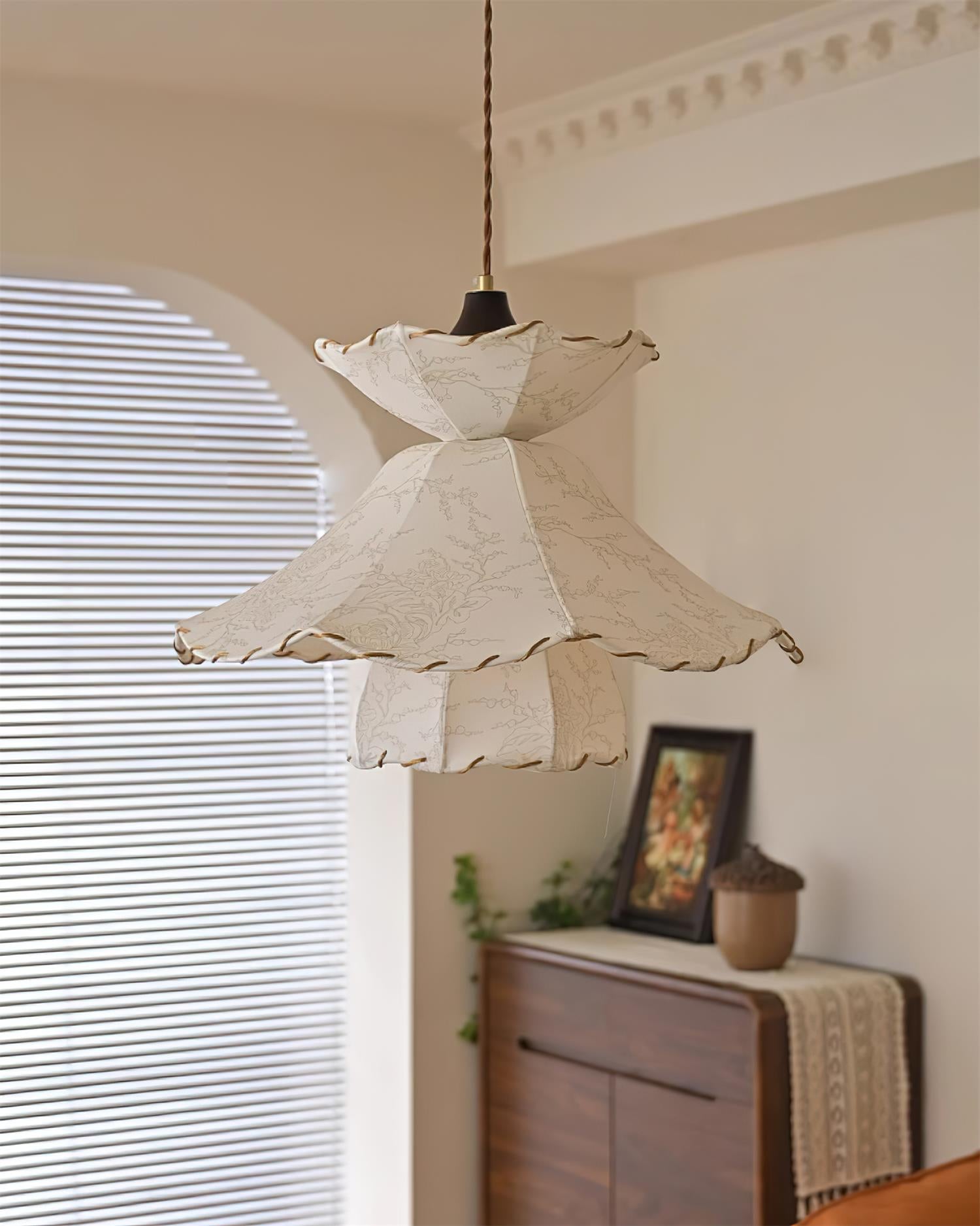 Pendant Lamp Scalloped Layered Fabric Shade Wood Minimalist