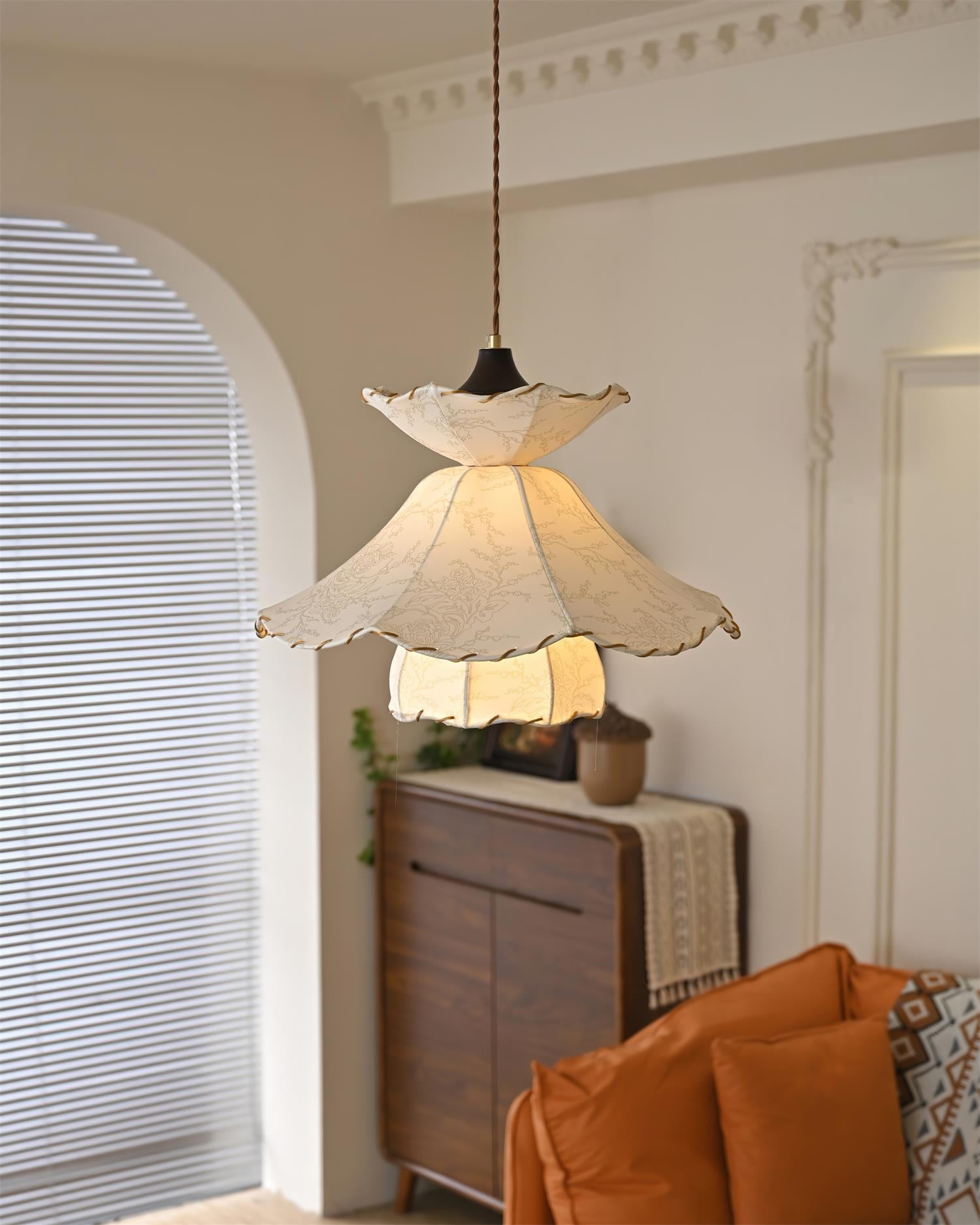 Pendant Lamp Scalloped Layered Fabric Shade Wood Minimalist