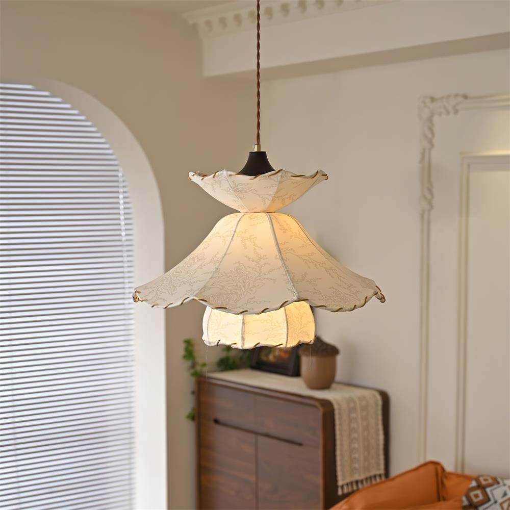 Pendant Lamp Scalloped Layered Fabric Shade Wood Minimalist