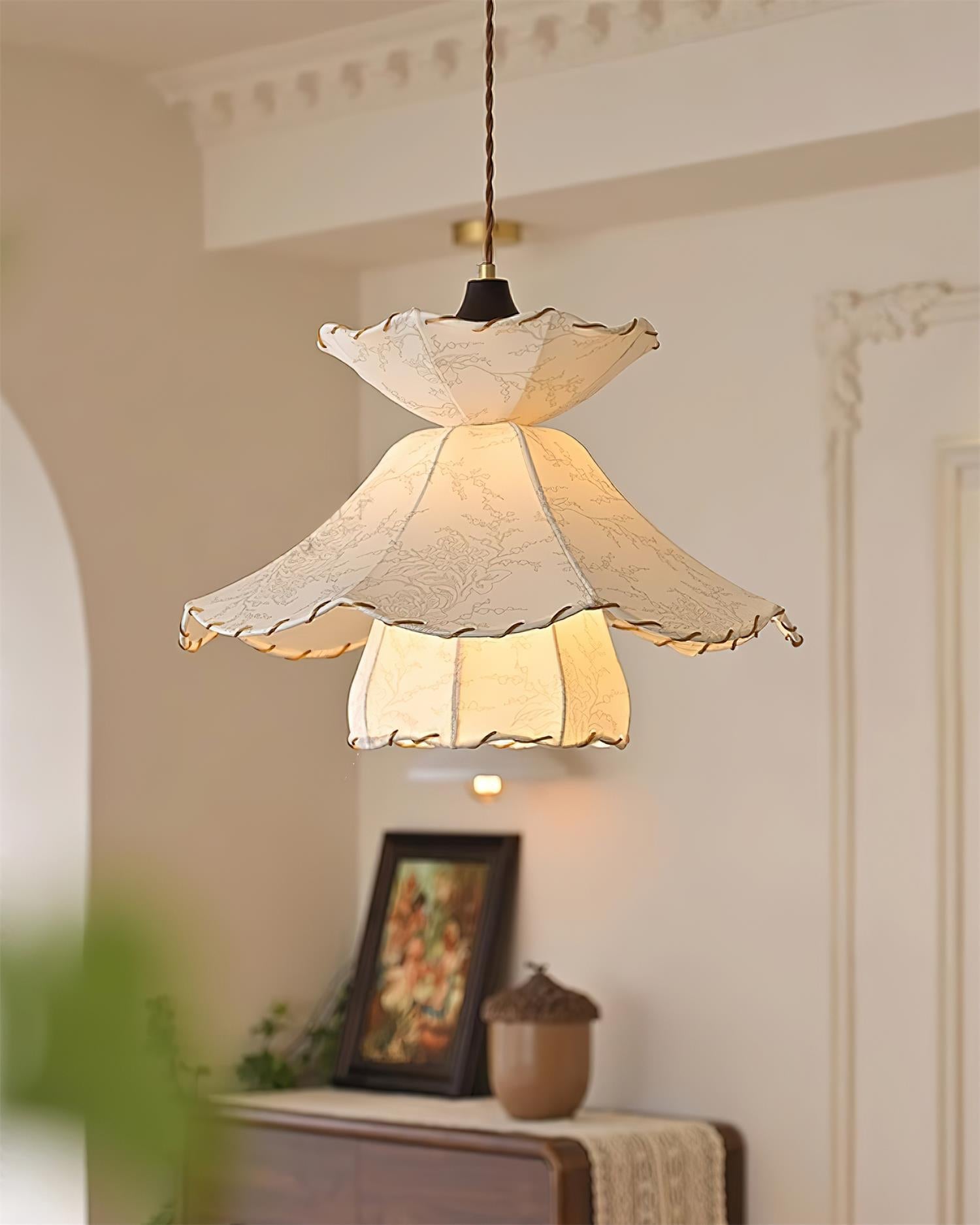 Pendant Lamp Scalloped Layered Fabric Shade Wood Minimalist