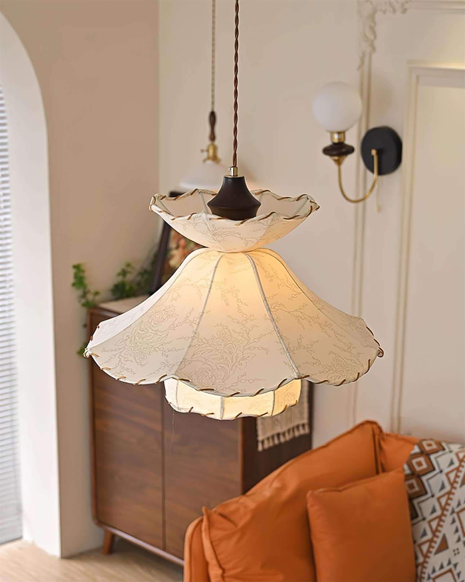 Pendant Lamp Scalloped Layered Fabric Shade Wood Minimalist