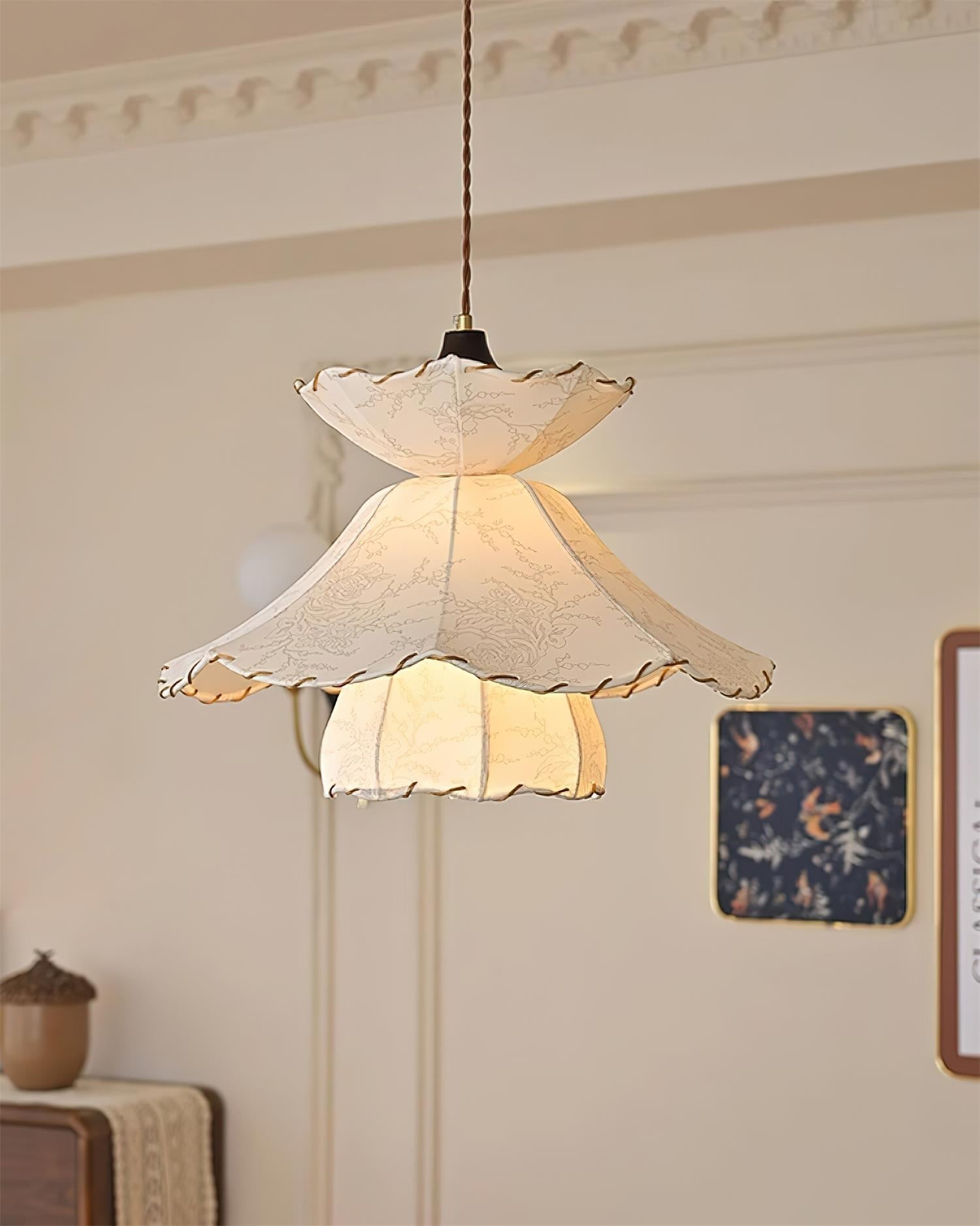 Pendant Lamp Scalloped Layered Fabric Shade Wood Minimalist
