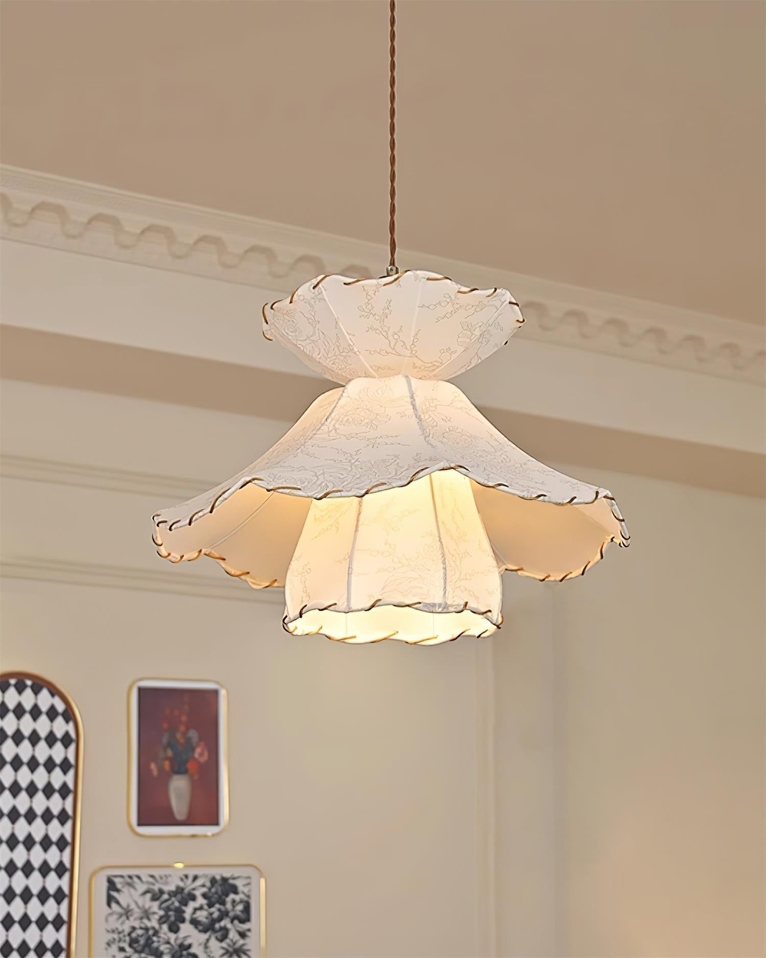 Pendant Lamp Scalloped Layered Fabric Shade Wood Minimalist
