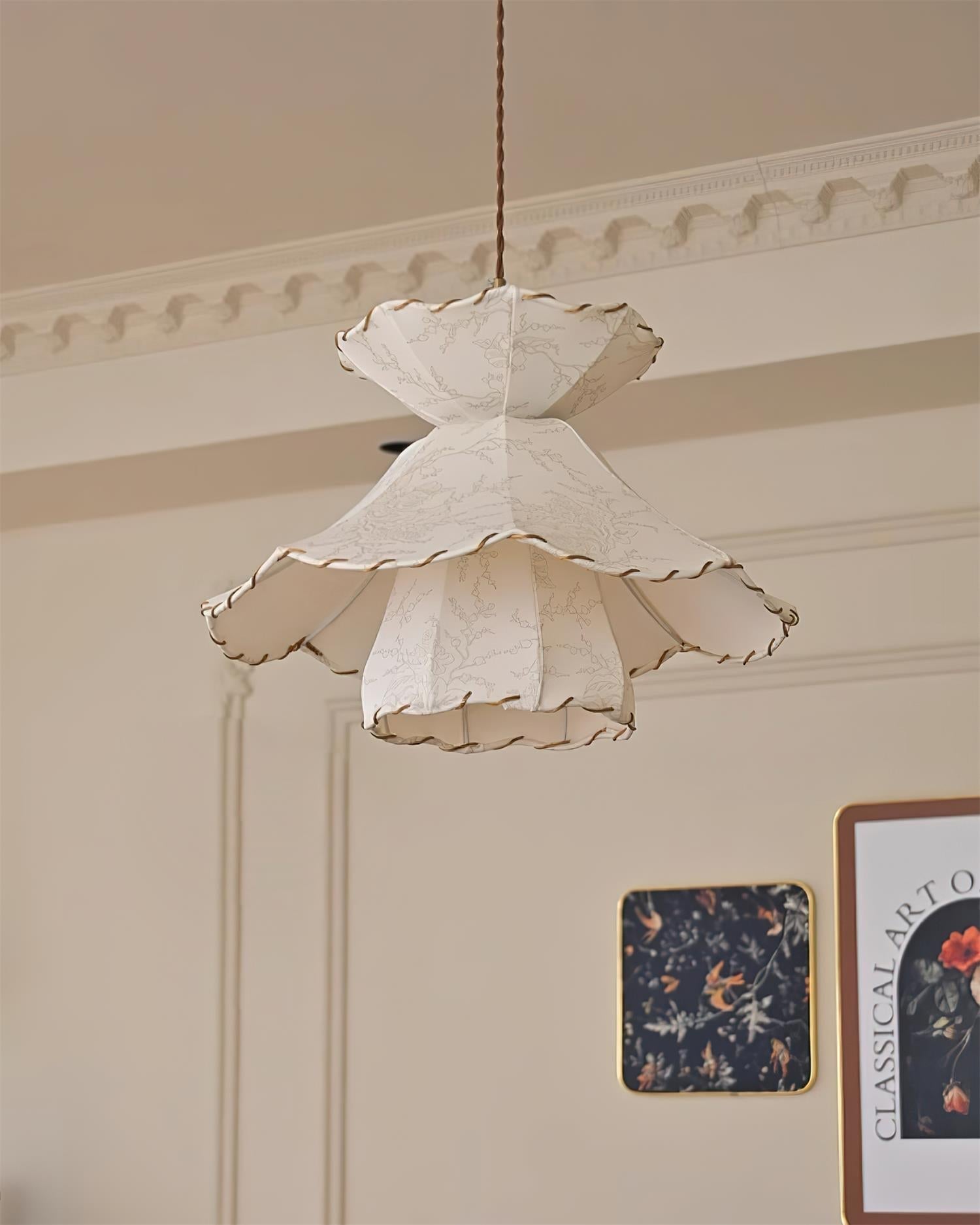 Pendant Lamp Scalloped Layered Fabric Shade Wood Minimalist