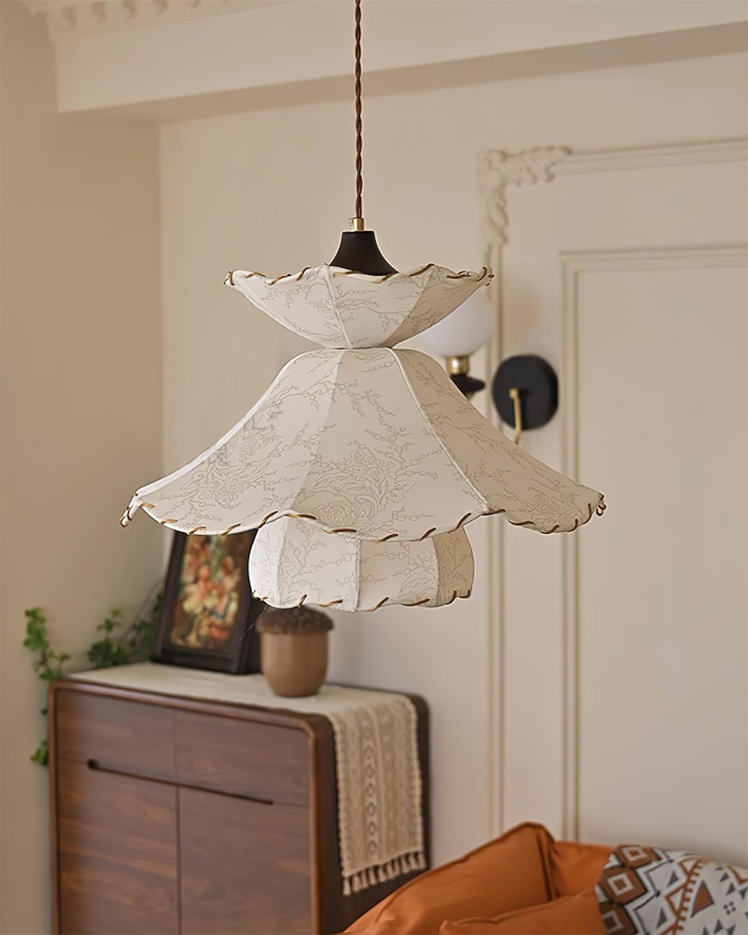 Pendant Lamp Scalloped Layered Fabric Shade Wood Minimalist