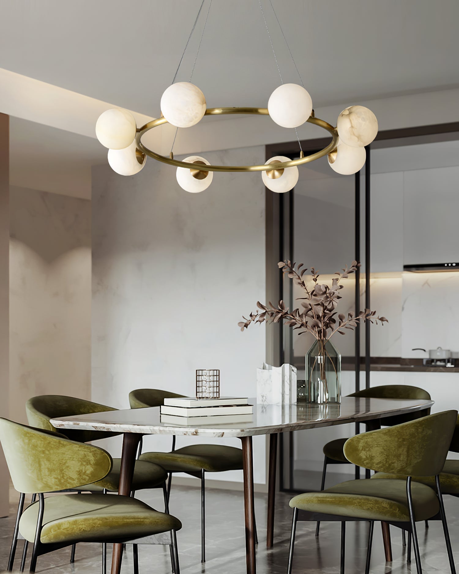 Helix Chandelier Alabaster Globe Halo
