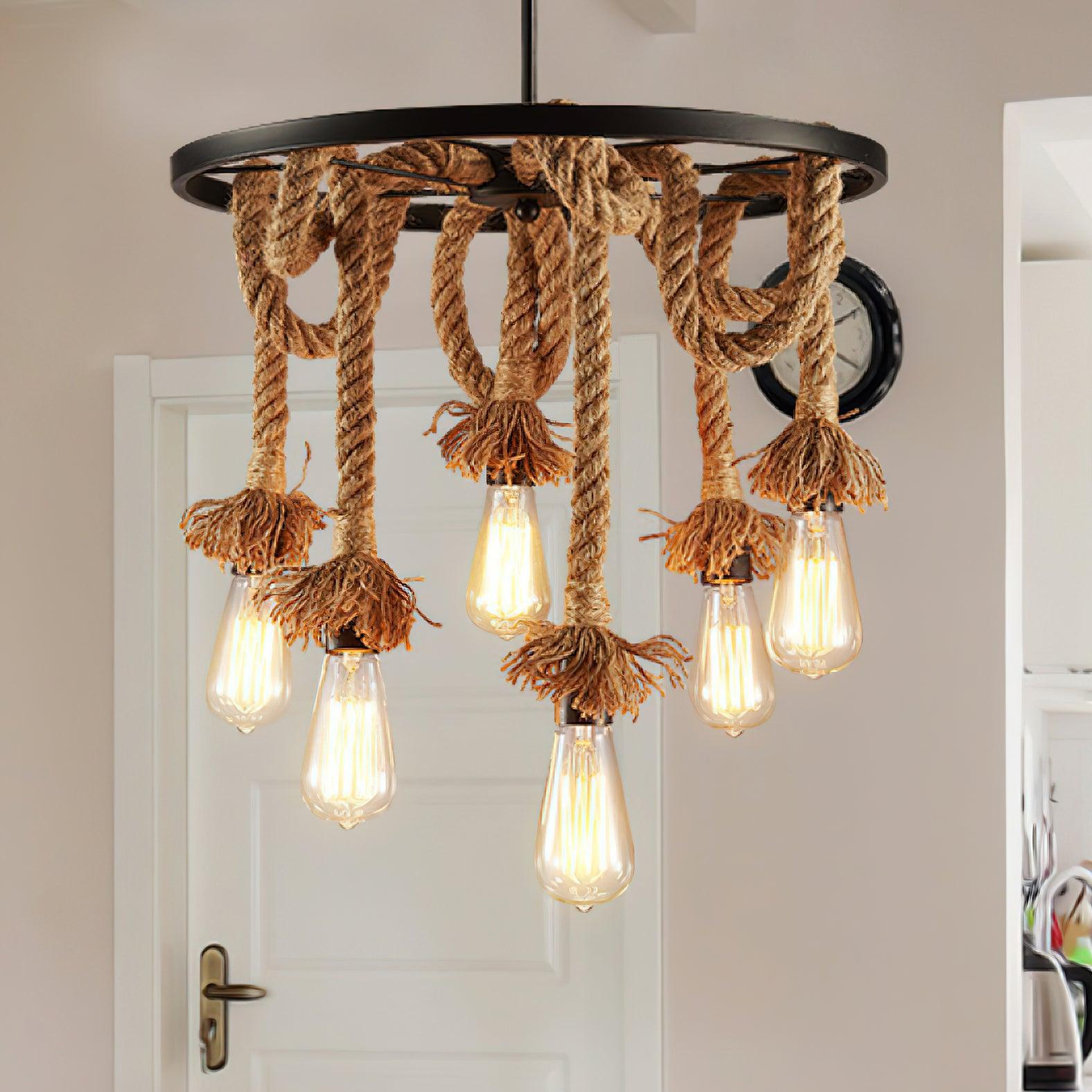 Lustra Chandelier Hemp Rope Industrial Six Head-Neutral Decor
