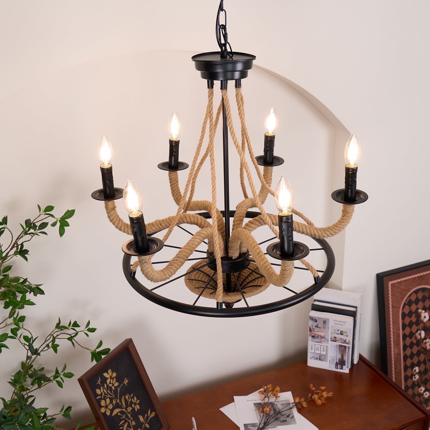 Lustra Chandelier Hemp Rope Large Wheel-Neutral Decor