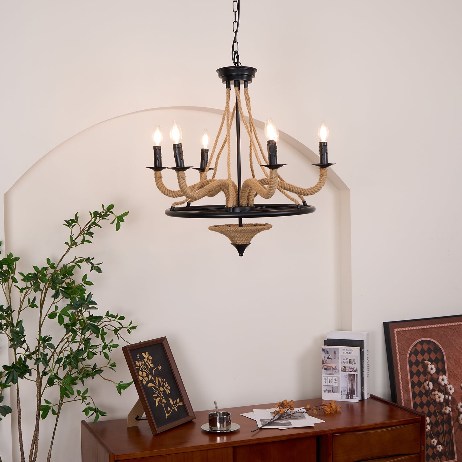 Lustra Chandelier Hemp Rope Large Wheel-Neutral Decor