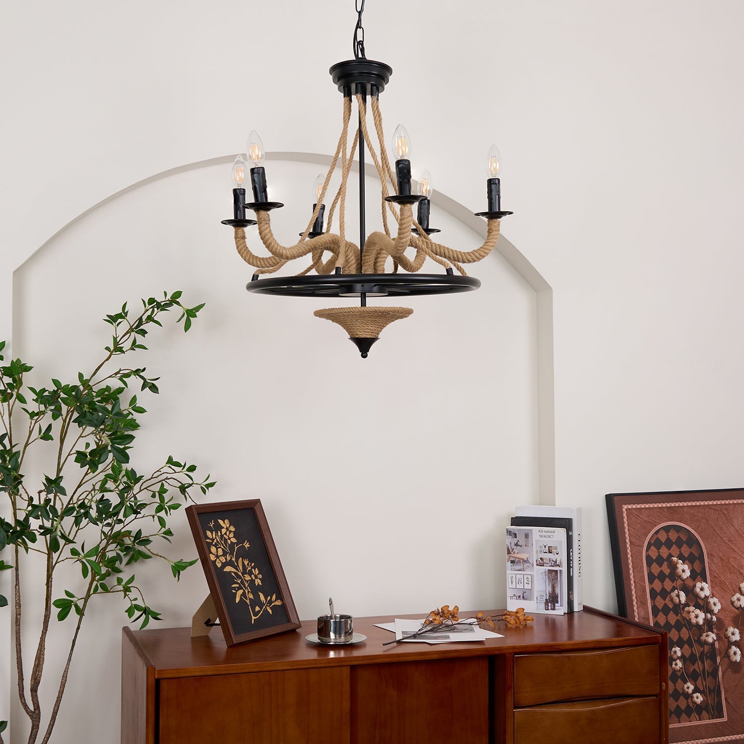 Lustra Chandelier Hemp Rope Large Wheel-Neutral Decor
