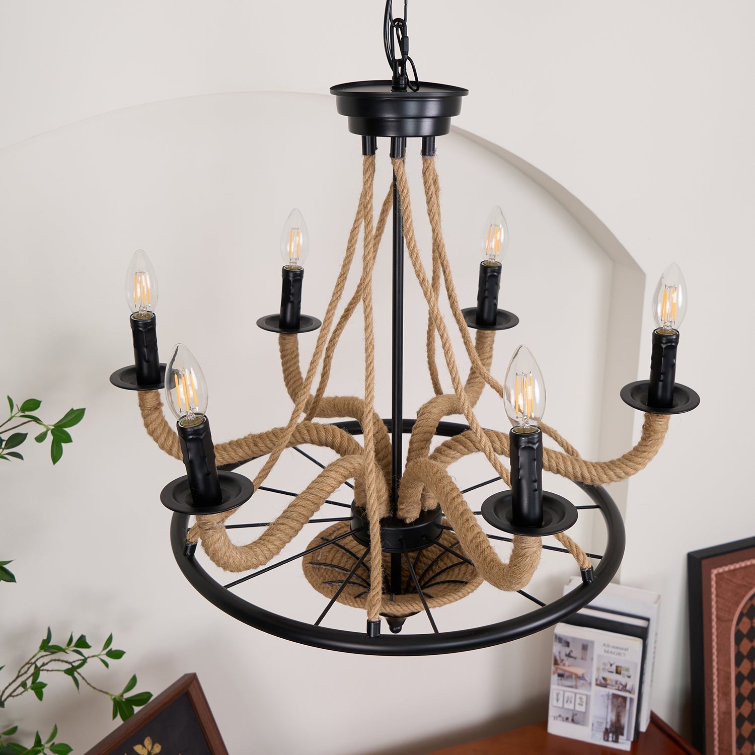 Lustra Chandelier Hemp Rope Large Wheel-Neutral Decor