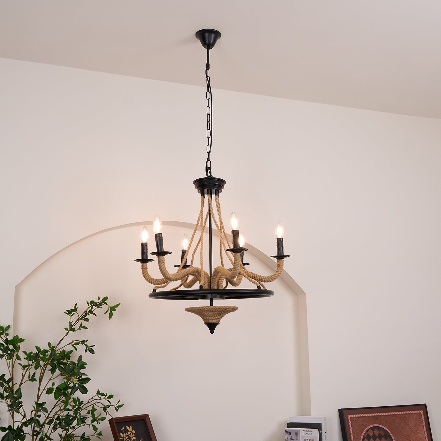 Lustra Chandelier Hemp Rope Large Wheel-Neutral Decor