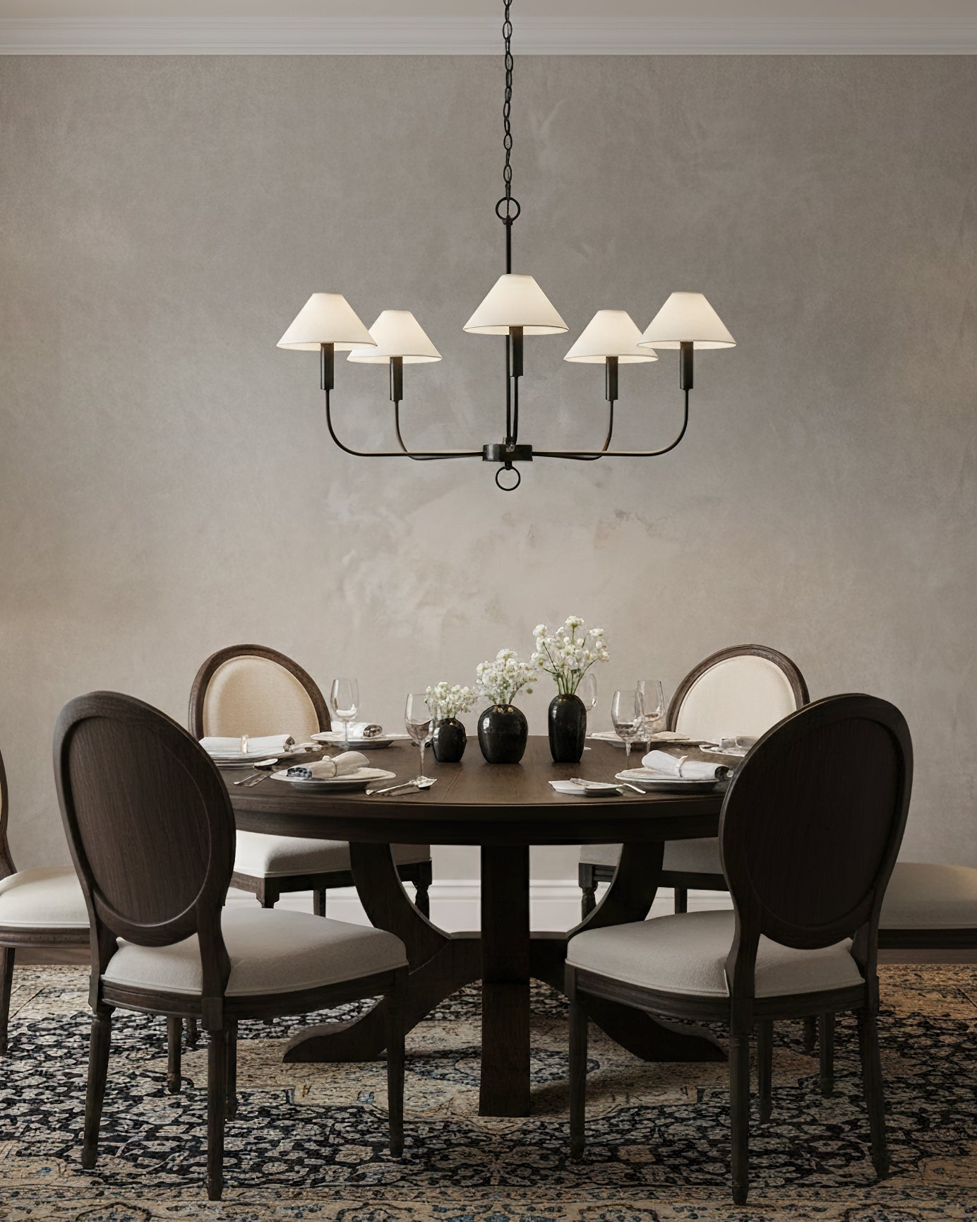 Diagram showing the dimensions of the Henry Chandelier: 90cm length by 53cm height.