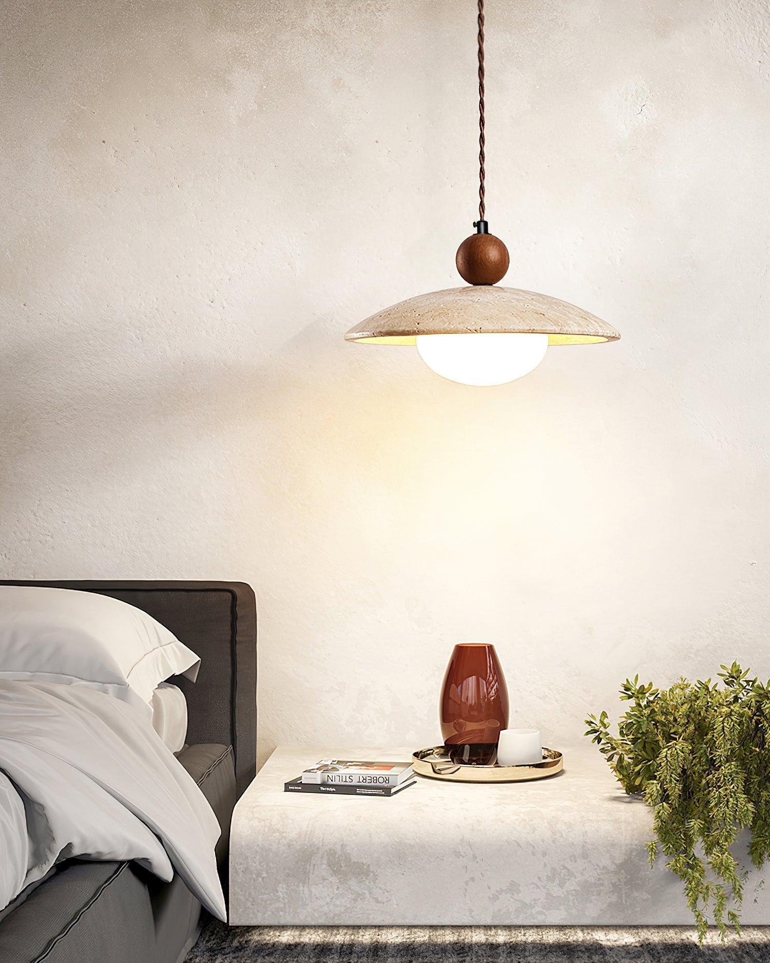 Travaro Travertine Pendant Light with Wooden Accent