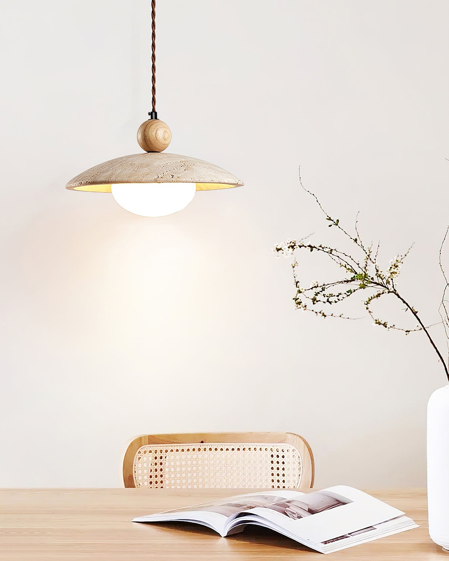 Travaro Travertine Pendant Light with Wooden Accent