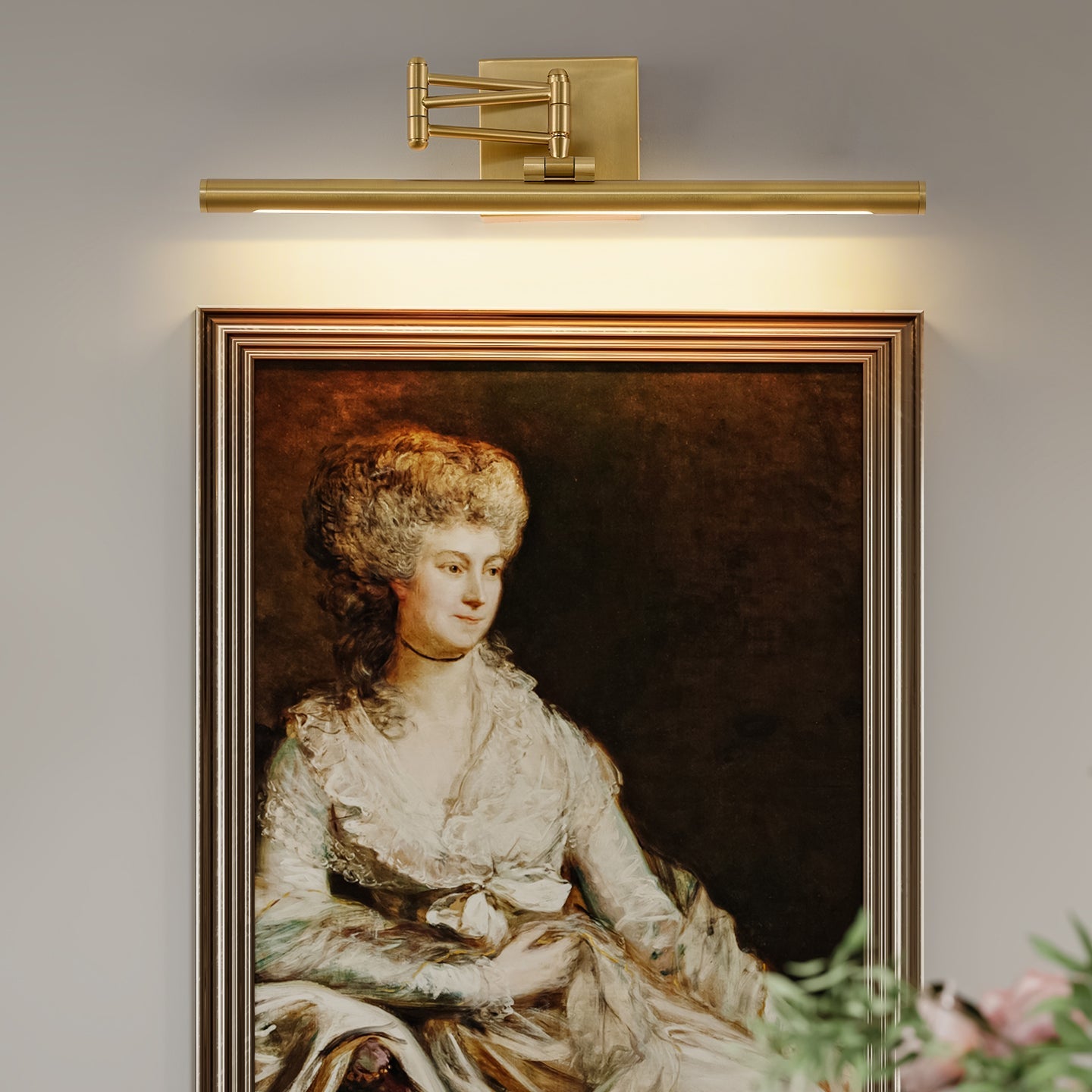 Close-up of the brass finish on the iron lamp body.