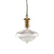 Holophane pendant lamp with gold holder and clear glass shade.