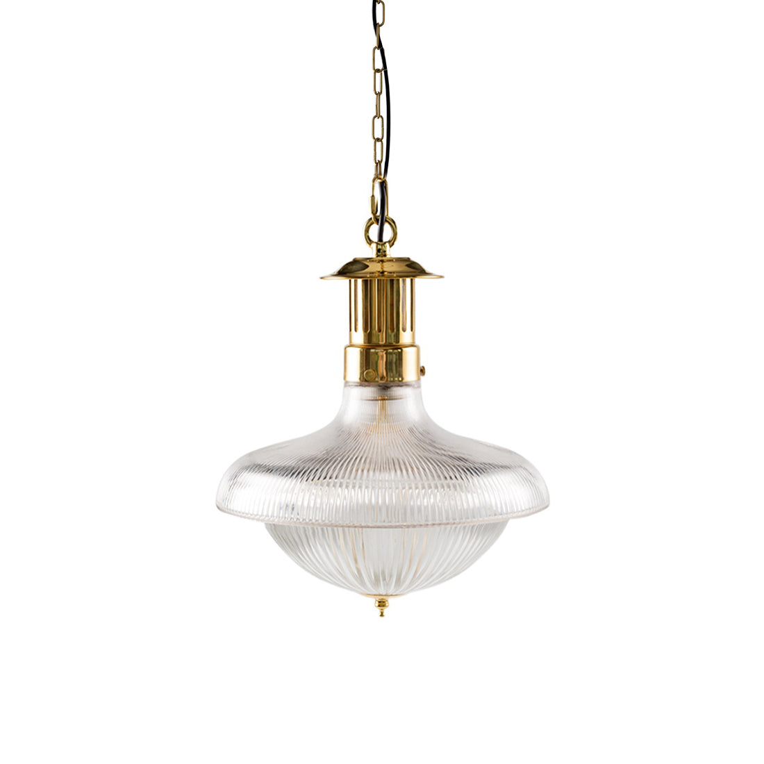 Holophane pendant lamp with gold holder and clear glass shade.