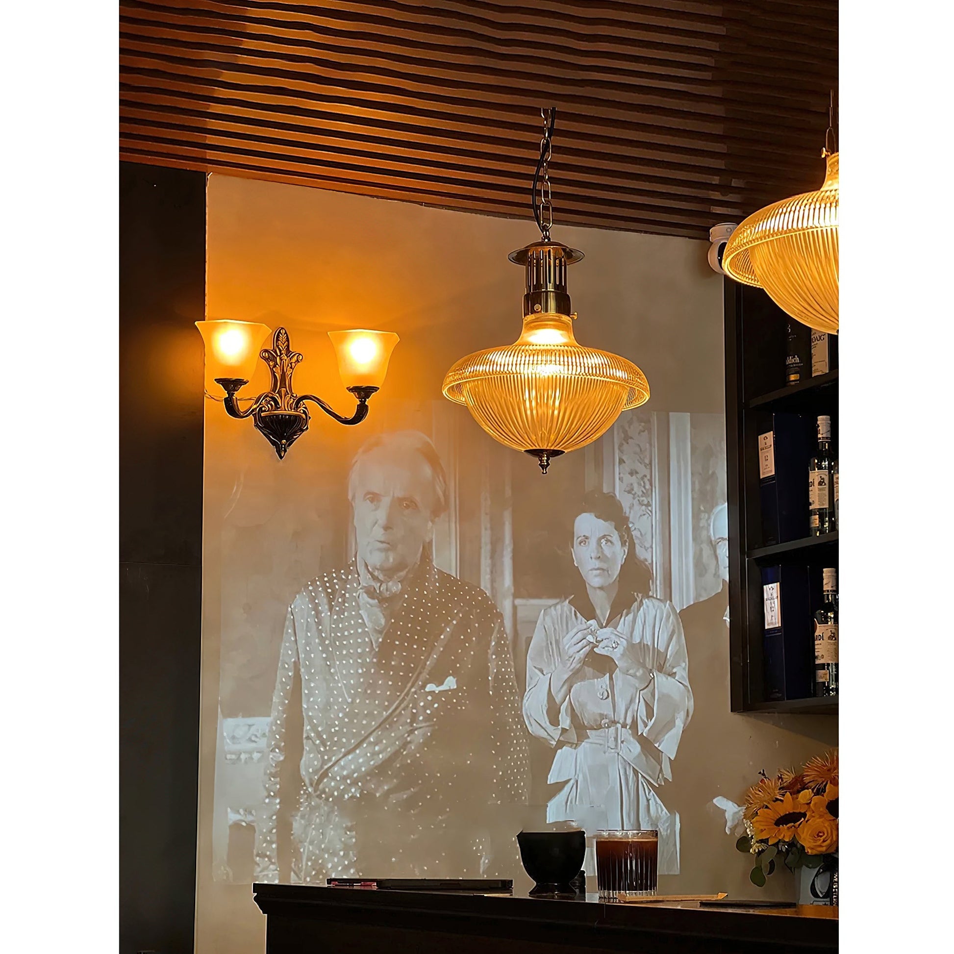 Angled view of the Holophane pendant lamp.
