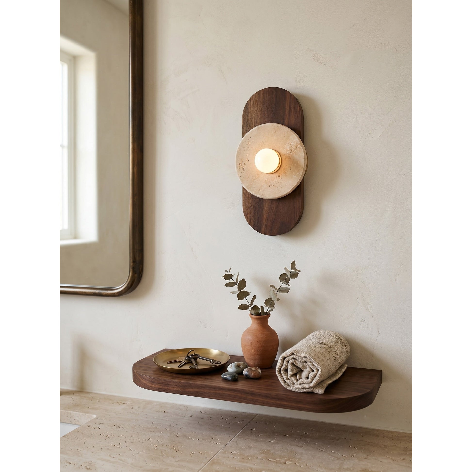 View from below the Horizon Travertine Wall Sconce.