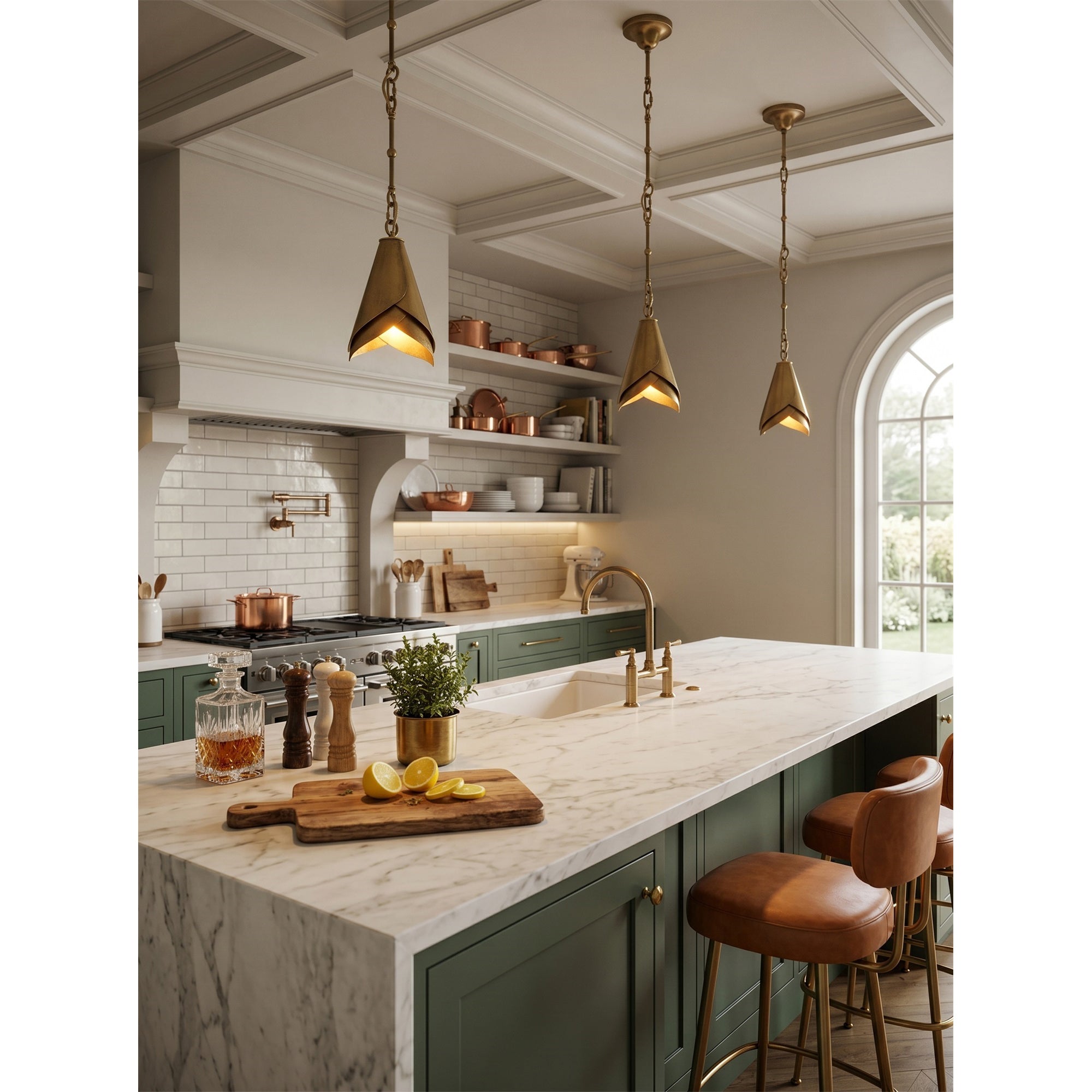 The antique brass pendant lamp against a dark, moody wall.