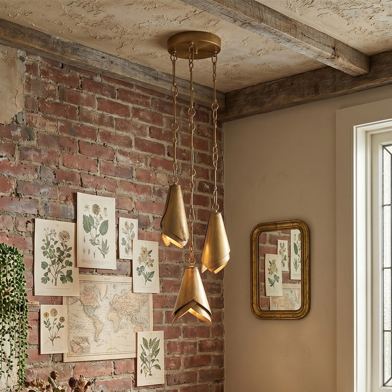 Close-up of the folded brass shade on the Horse Hoof lamp.