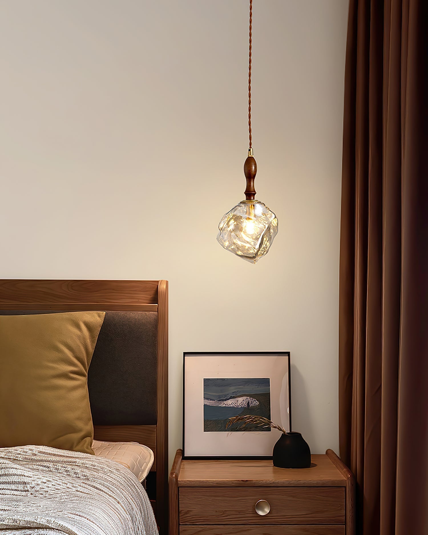 Pendant Light Walnut Wood Glass Cube