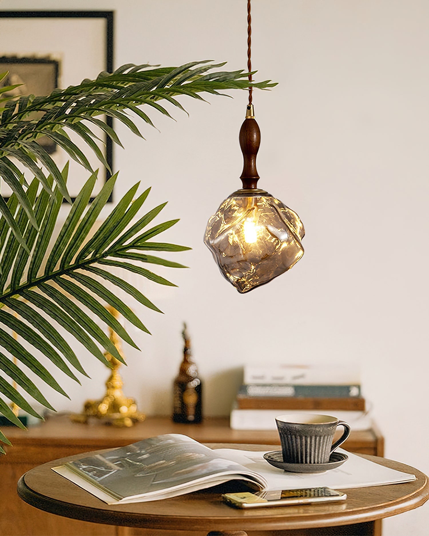 Pendant Light Walnut Wood Glass Cube