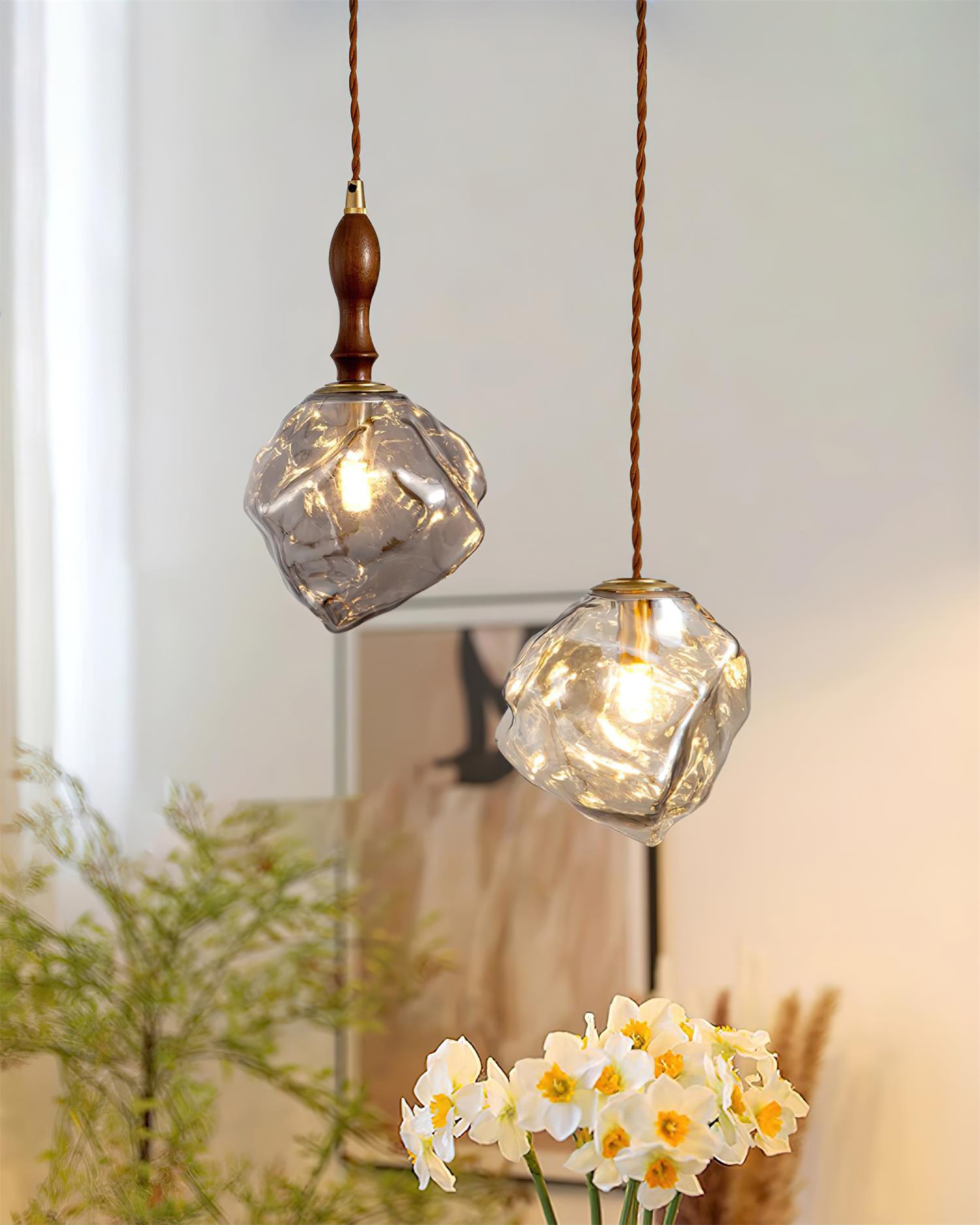 Pendant Light Walnut Wood Glass Cube