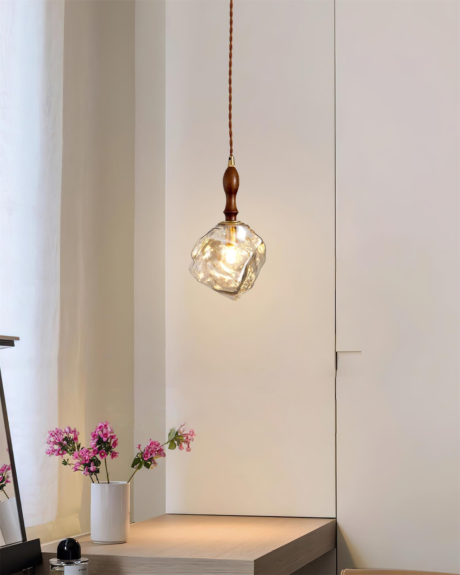 Pendant Light Walnut Wood Glass Cube