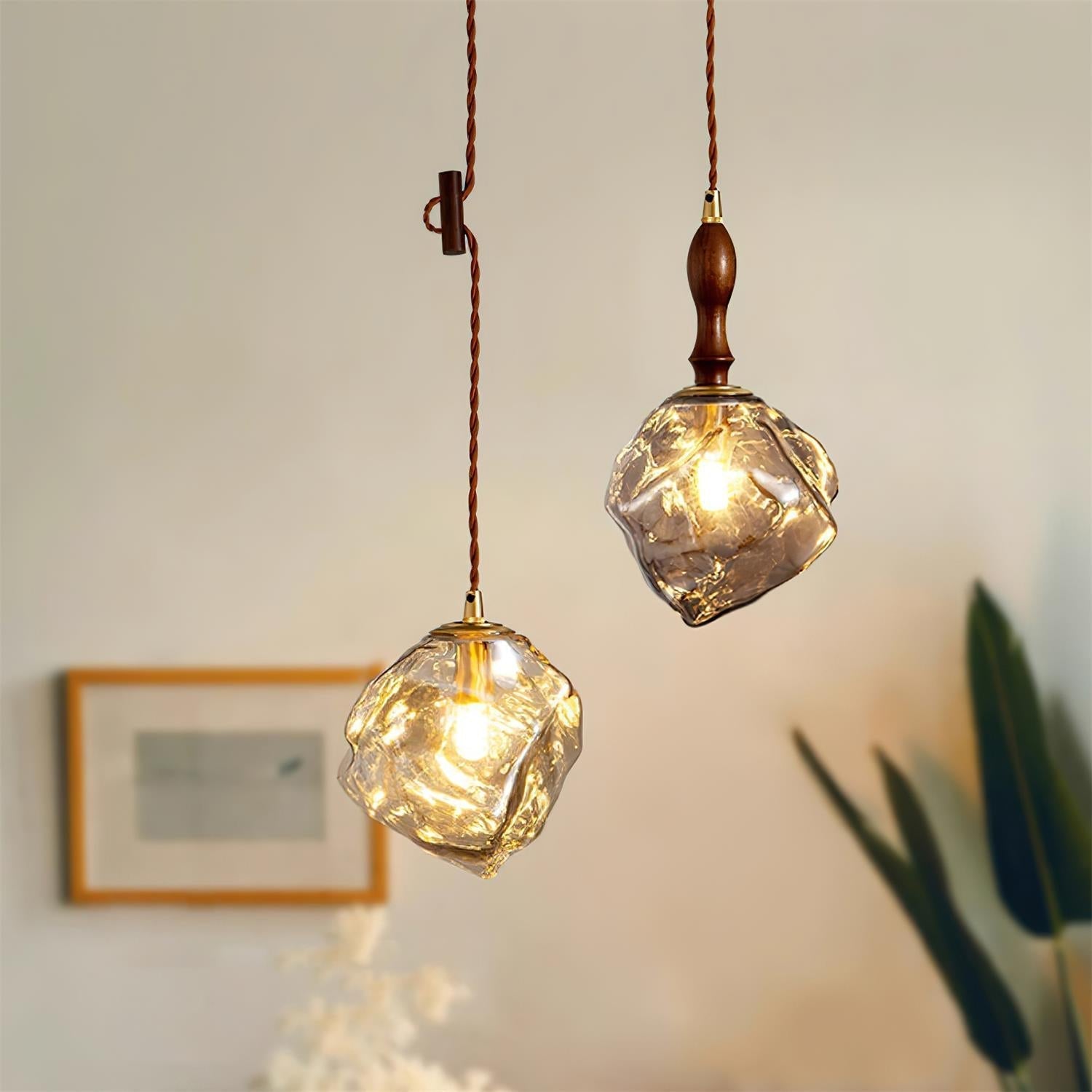 Pendant Light Walnut Wood Glass Cube