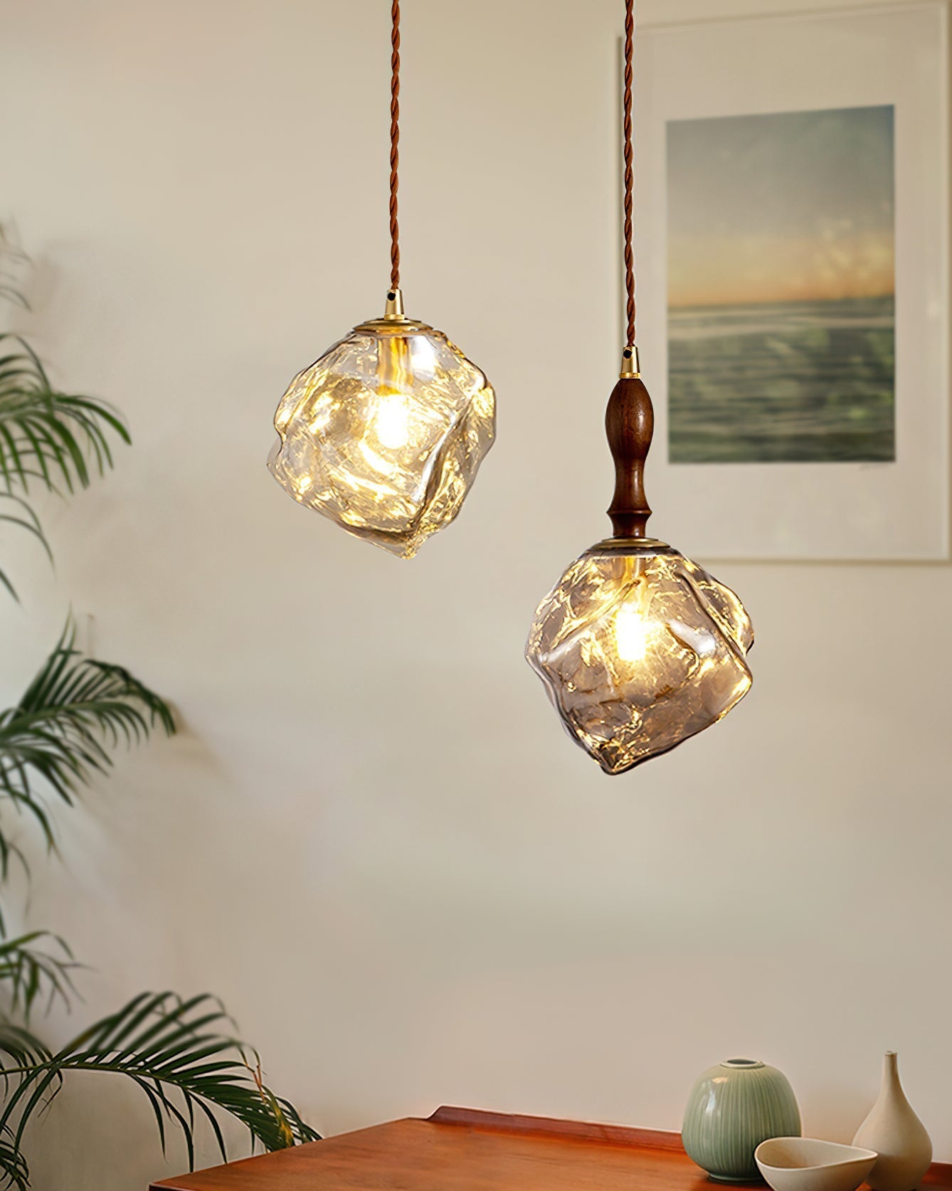 Pendant Light Walnut Wood Glass Cube