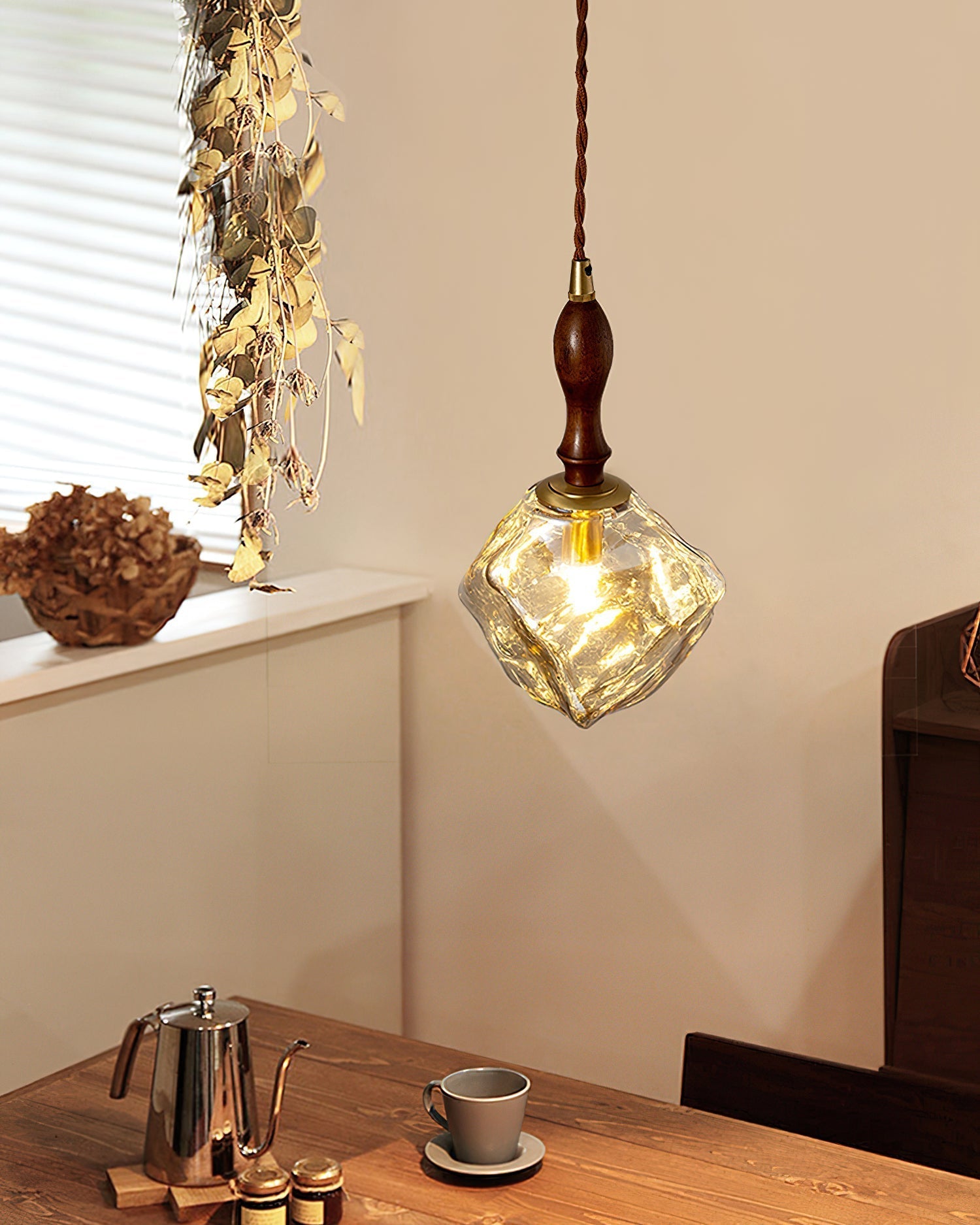 Pendant Light Walnut Wood Glass Cube