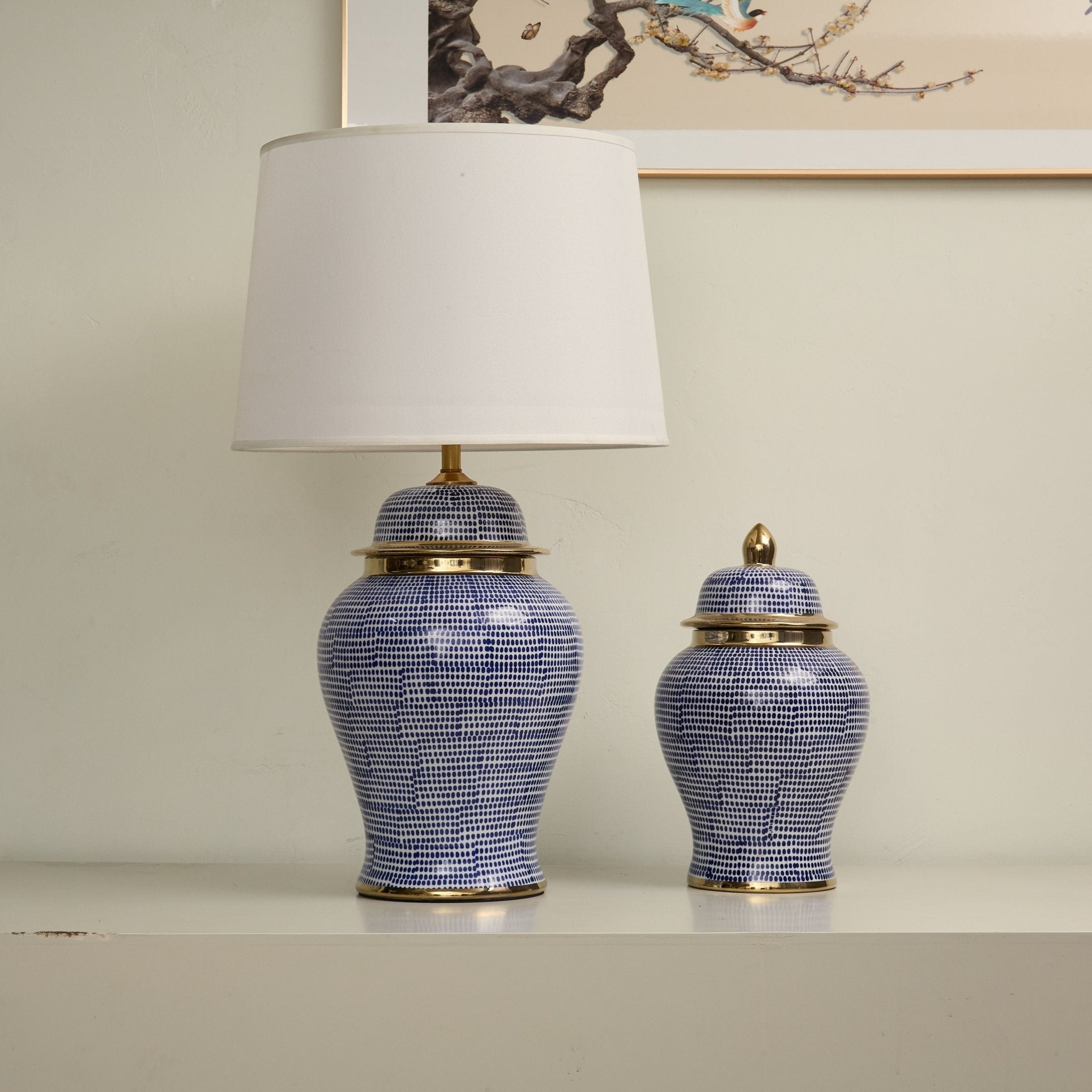 Indigo Dot Patterned Ceramic Table Lamp-Neutral Decor