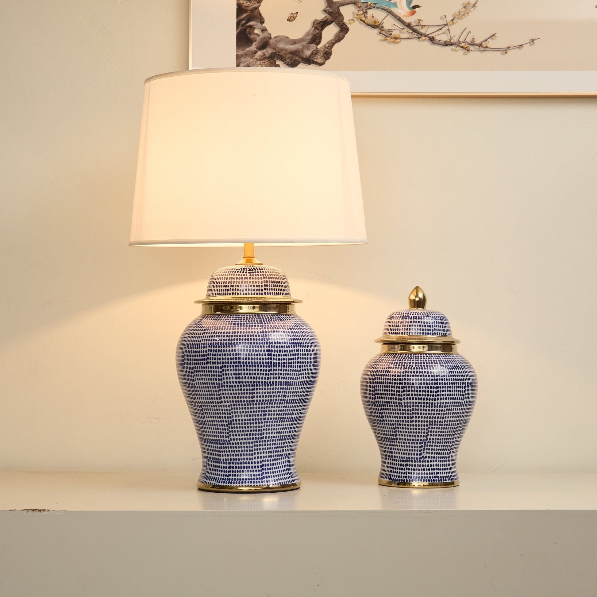 Indigo Dot Patterned Ceramic Table Lamp-Neutral Decor