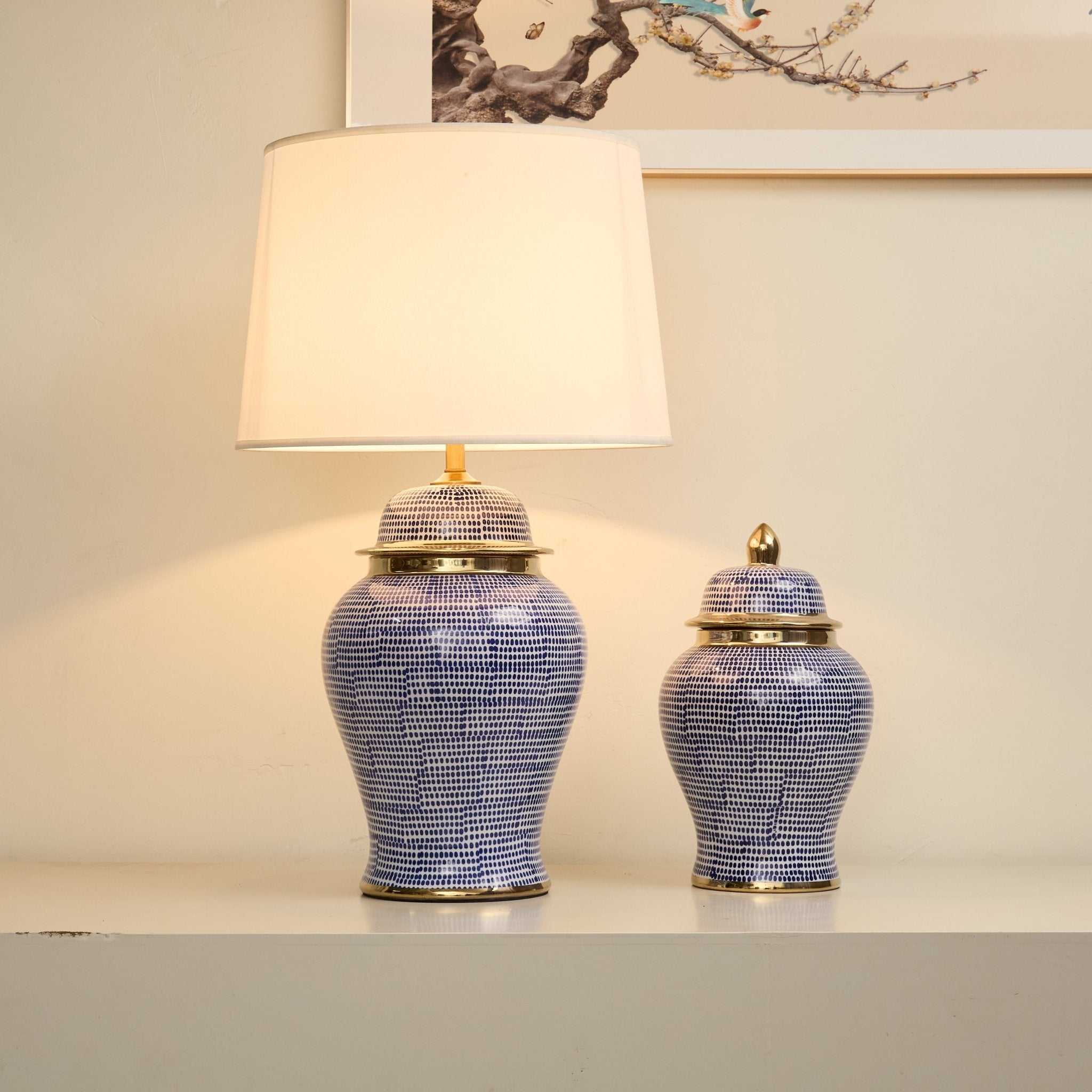 Indigo Dot Patterned Ceramic Table Lamp-Neutral Decor